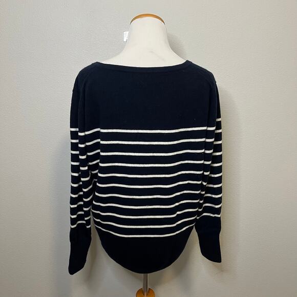 Pure Collection 100% Cashmere Sweater Striped V Neck Navy Blue White Women 8/10 - Picture 2 of 5